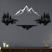 Nature-themed metal wall art featuring a snowy mountain in the center, flanked by trees and rocks on both sides with their reflections in a lake below, mounted on a dark gray wall above a black console table.