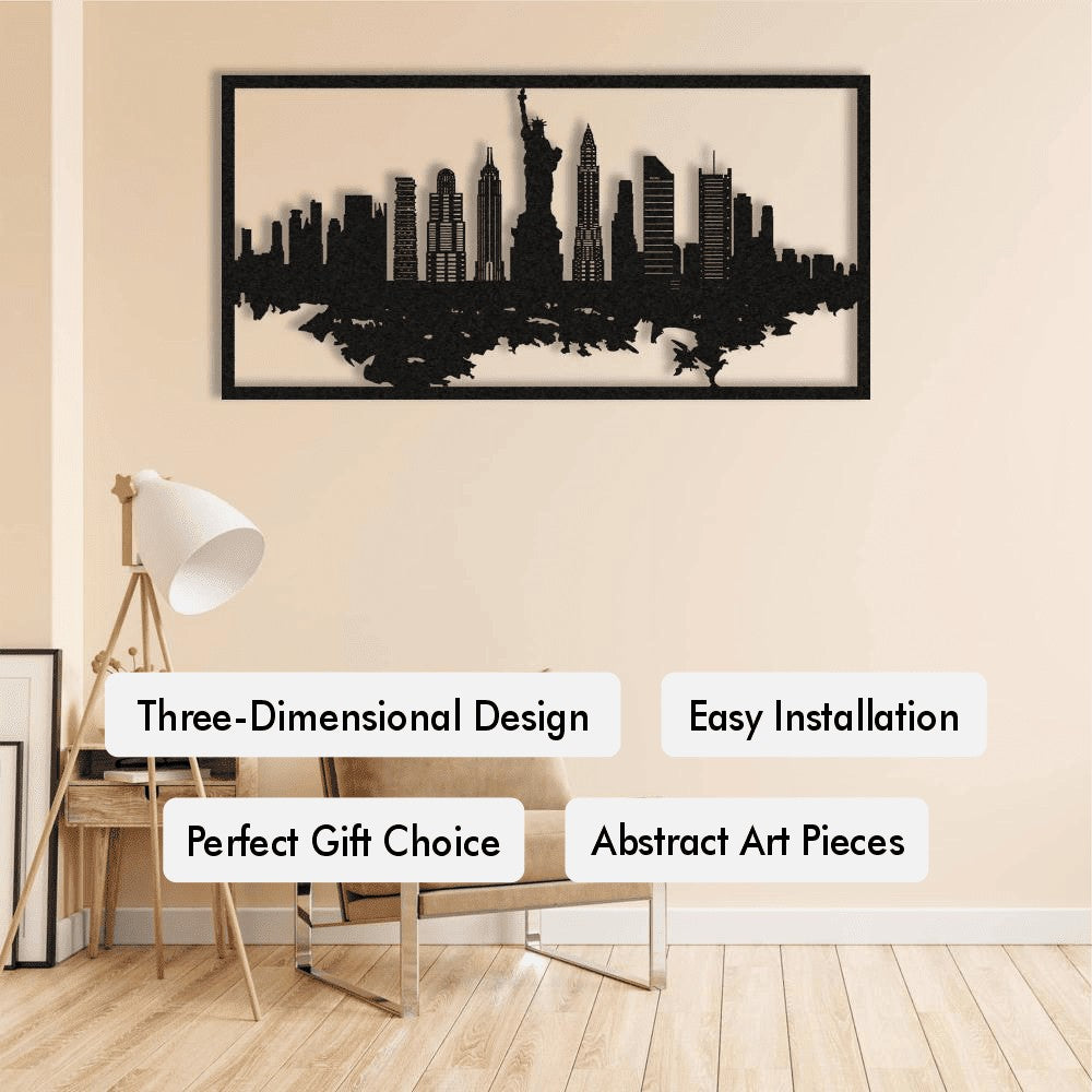 New York City skyline metal wall art featuring a three-dimensional design, ideal for modern interiors, with easy installation and a perfect gift choice for urban art lovers.