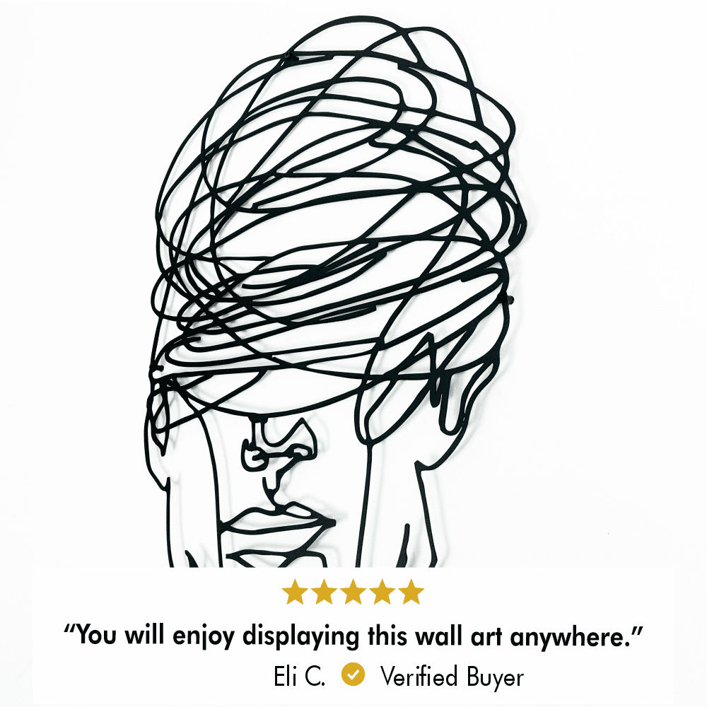 Close-up view of "Overthinking Man" metal wall art featuring intricate abstract line design with a customer review below stating, "You will enjoy displaying this wall art anywhere." Rated five stars by Eli C., Verified Buyer.