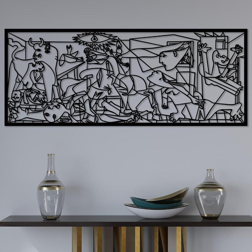 Black metal wall art inspired by Pablo Picasso's Guernica, mounted on a light gray wall above a modern console table with decorative vases and dishes.