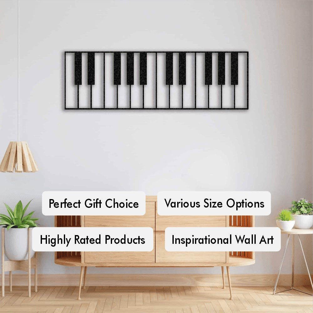 A modern interior space with a minimalist wooden console table and two hanging lamps, featuring a piano keyboard-themed metal wall art above the table. The image includes descriptive text such as "Perfect Gift Choice," "Various Size Options," "Highly Rated Products," and "Inspirational Wall Art."