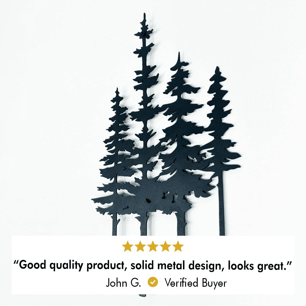 Close-up view of a black pine tree metal wall art, showcasing its solid metal design with a five-star customer review by John G., stating, "Good quality product, solid metal design, looks great," accompanied by a verified buyer badge.