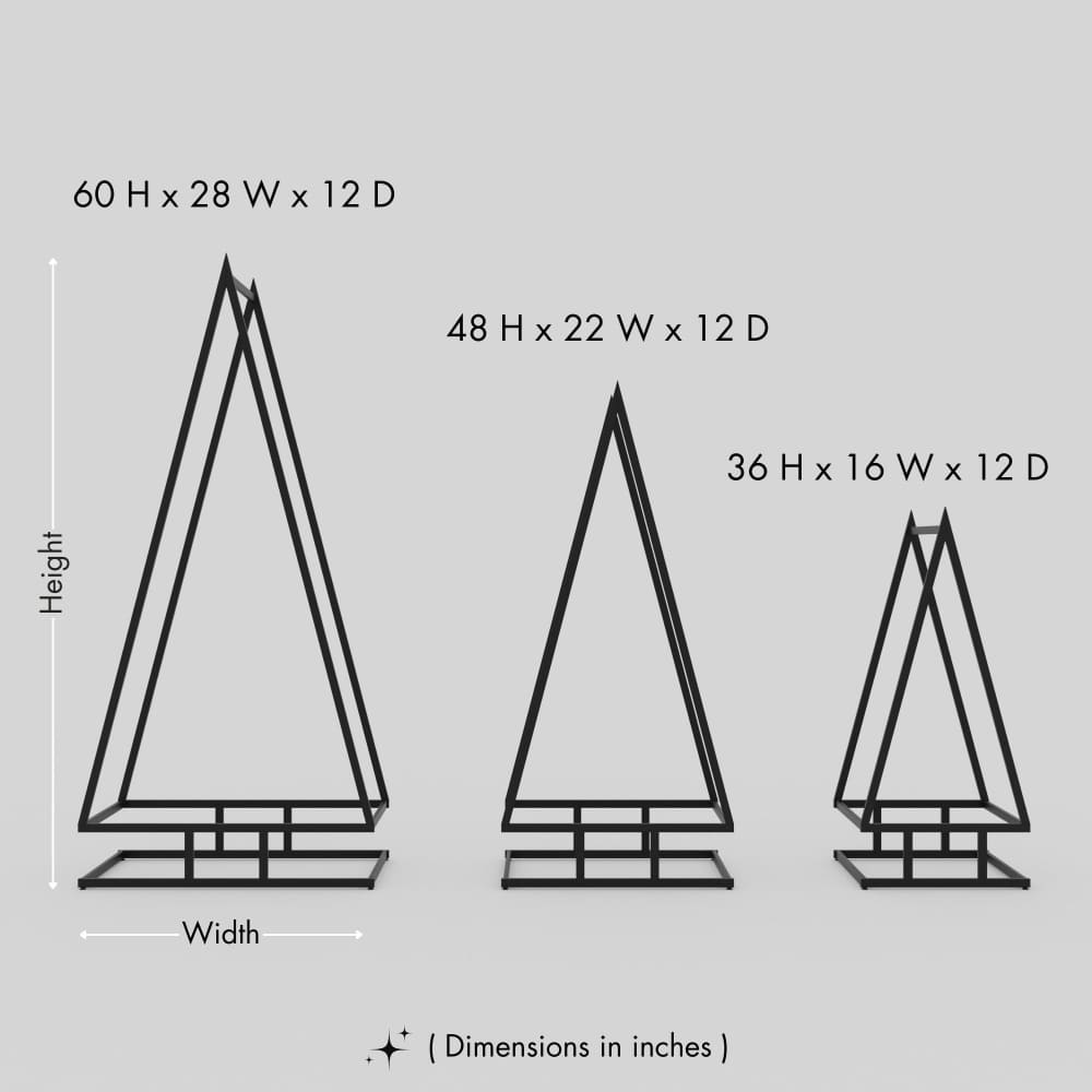 Three different sizes of a pine tree-shaped firewood rack are displayed on a neutral background, showcasing dimensions in inches for each size