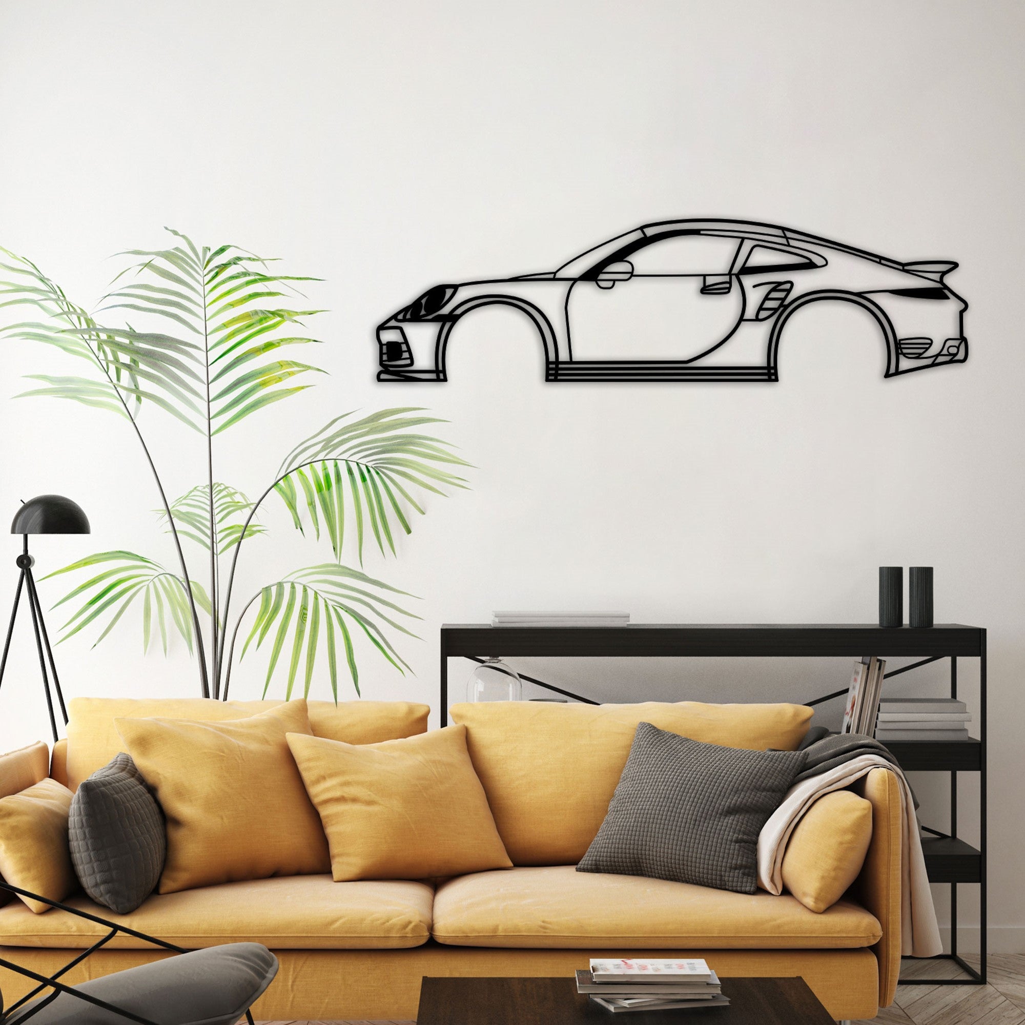 porsche 911 992 turbo s car silhouette with orange sofa