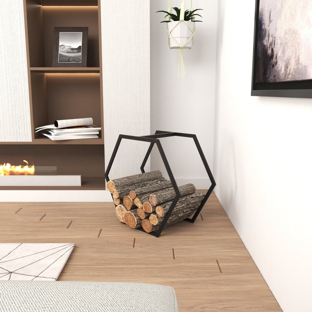  portable hexagonal-shaped firewood rack placed indoors, filled with firewood logs, blending seamlessly with modern living room decor.