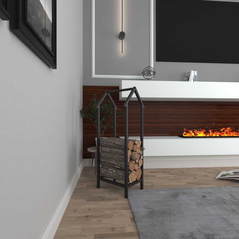 Modern metal log holder in a sleek home-shaped design, placed by an electric fireplace, neatly storing firewood on a light wood floor, adding a stylish touch to the living room decor.