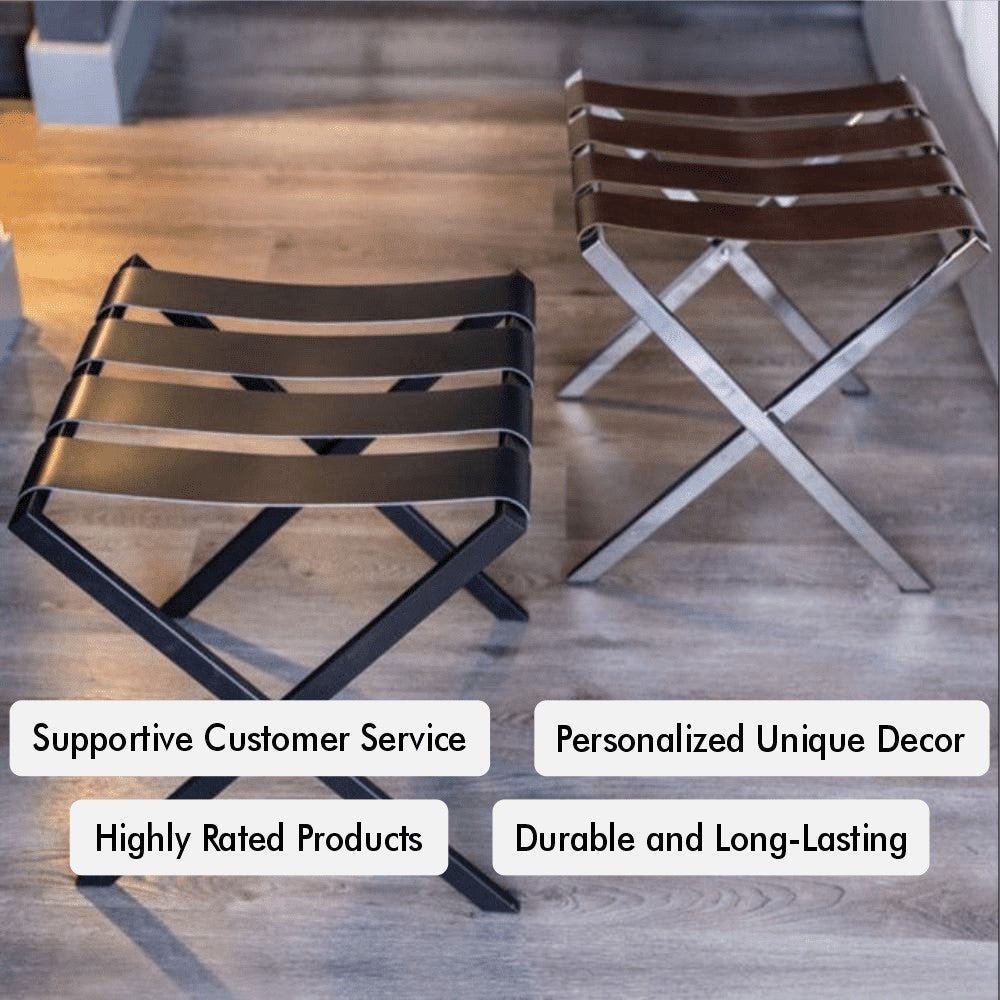 Two foldable metal luggage racks in a modern interior, emphasizing supportive customer service, highly rated products, durability, and unique decor appeal.