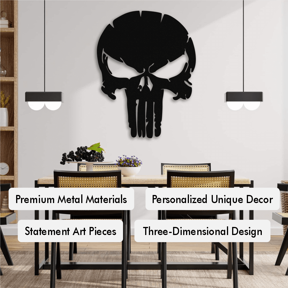 Black Punisher skull metal wall art displayed prominently on a light wall above a modern dining table, accompanied by text highlights: Premium Metal Materials, Personalized Unique Decor, Statement Art Pieces, and Three-Dimensional Design.