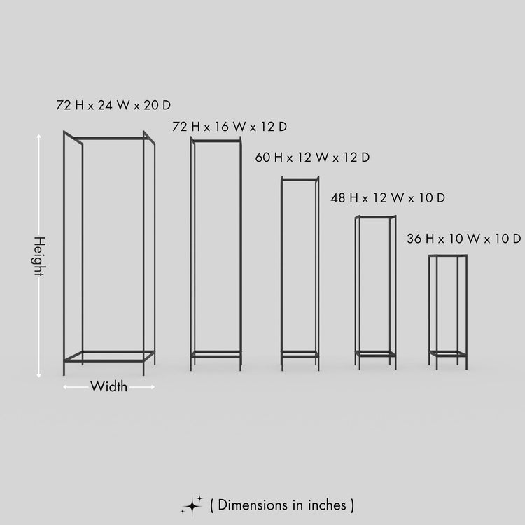 Diagram of five firewood rack size options with dimensions labeled: 72 H x 24 W x 20 D, 72 H x 16 W x 12 D, 60 H x 12 W x 12 D, 48 H x 12 W x 10 D, and 36 H x 10 W x 10 D, with all measurements in inches.