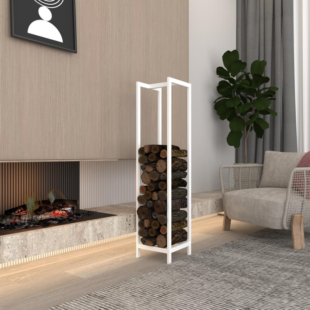 White rectangular firewood rack holding stacked logs, placed in a modern living room next to a fireplace with a concrete hearth, light wood flooring, and a gray armchair, with a potted plant in the background.