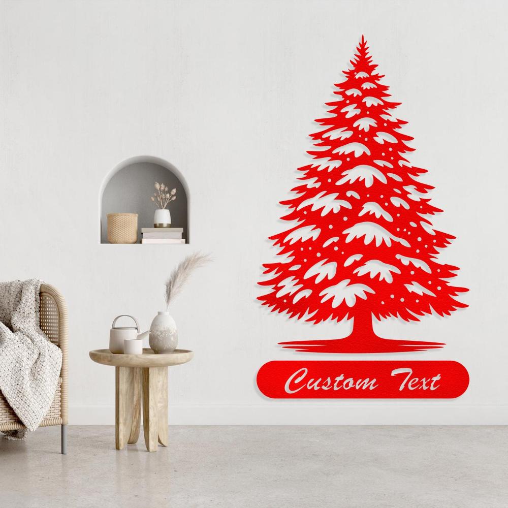 Red metal Christmas tree wall art with customizable text, designed for festive home decor. The vibrant tree features intricate snow details, enhancing its holiday appeal.