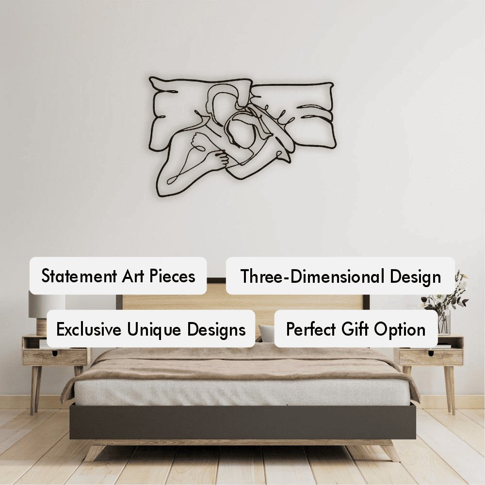 A minimalist bedroom decor featuring romantic couple metal wall art above a bed. The art piece displays an abstract design of two people in an intimate embrace. Text overlays highlight features like "Statement Art Pieces," "Three-Dimensional Design," "Exclusive Unique Designs," and "Perfect Gift Option."