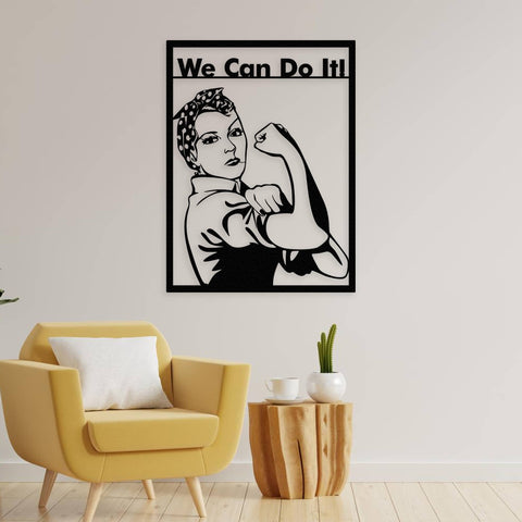 Cozy living room featuring a modern yellow armchair, wooden stump side table, and a black metal "We Can Do It!" Rosie the Riveter wall art, symbolizing empowerment and strength.