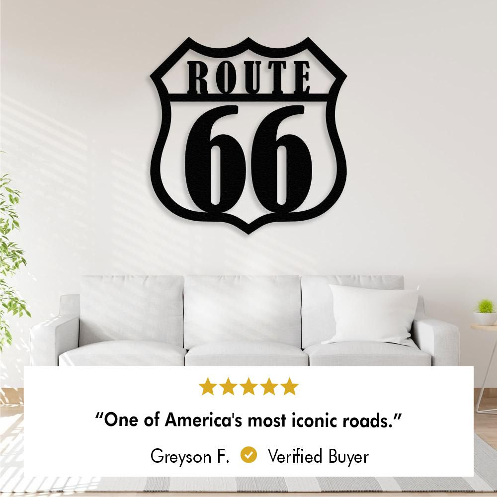 Metal Route 66 wall art above a modern sofa, and below with five star review: “One of America's most iconic roads.” by Greyson F. Verified Buyer.