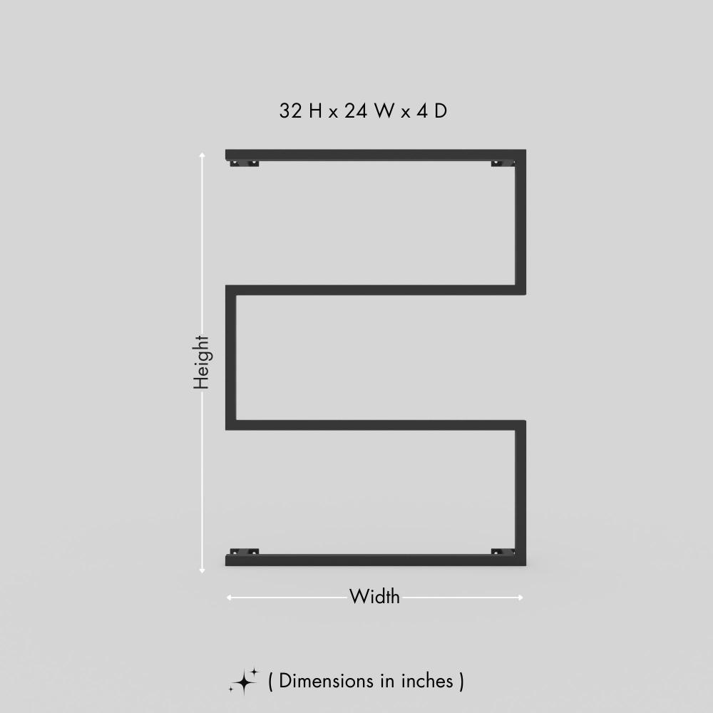 Diagram of a wall-mounted black towel holder with dimensions labeled as 32 H x 24 W x 4 D (inches), featuring a modern rectangular design.