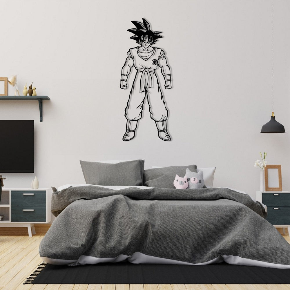 Saiyan of Earth Son Goku metal wall art displayed above a modern gray bed setup, featuring the iconic character in a martial arts stance with spiked hair, adding a bold decorative element to the bedroom.