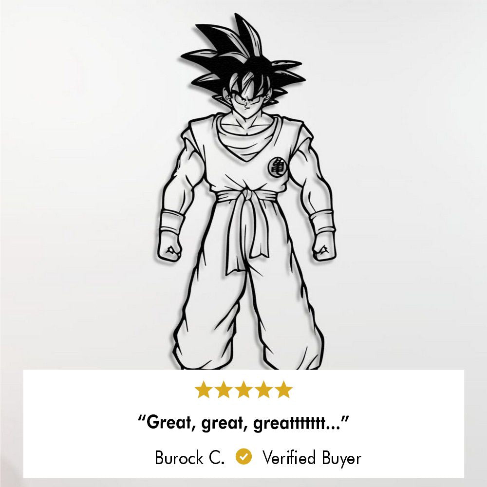 Saiyan of Earth Son Goku metal wall art showcasing a bold line design of the iconic character in a powerful stance, mounted on a plain white background.