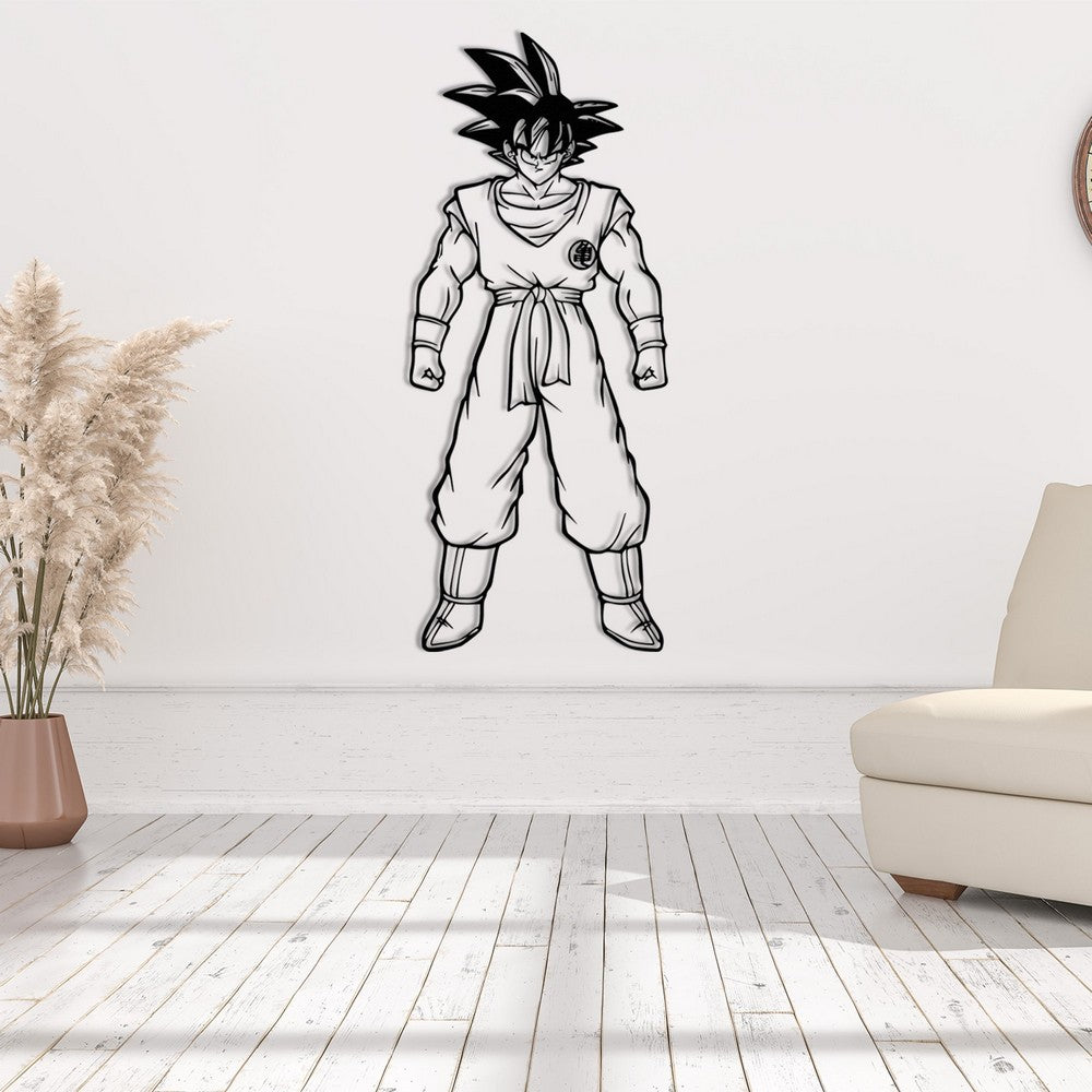 Saiyan of Earth Son Goku metal wall art displayed in a bright, minimalist living space with wooden floors and pampas grass decor, showcasing the iconic character in a strong, dynamic stance.