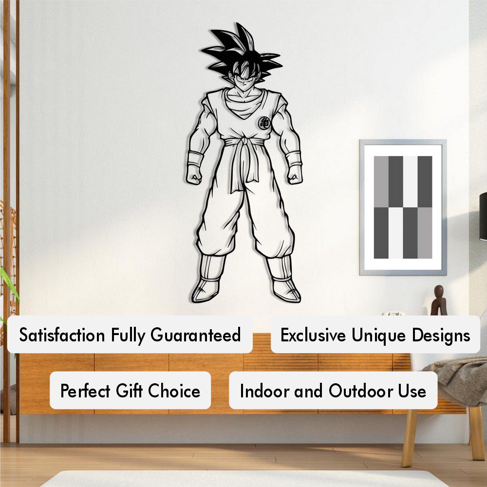 Saiyan of Earth Son Goku metal wall art mounted above a modern wooden cabinet, featuring the iconic character in bold line art with a minimalist room decor setting.