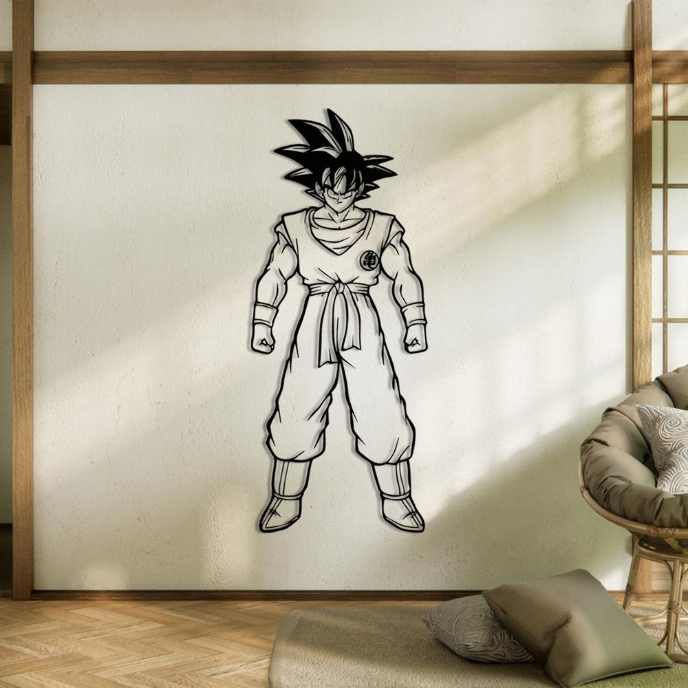 Saiyan of Earth Son Goku metal wall art mounted in a serene room with wooden accents and cozy cushions, showcasing the iconic character in a bold, dynamic stance.