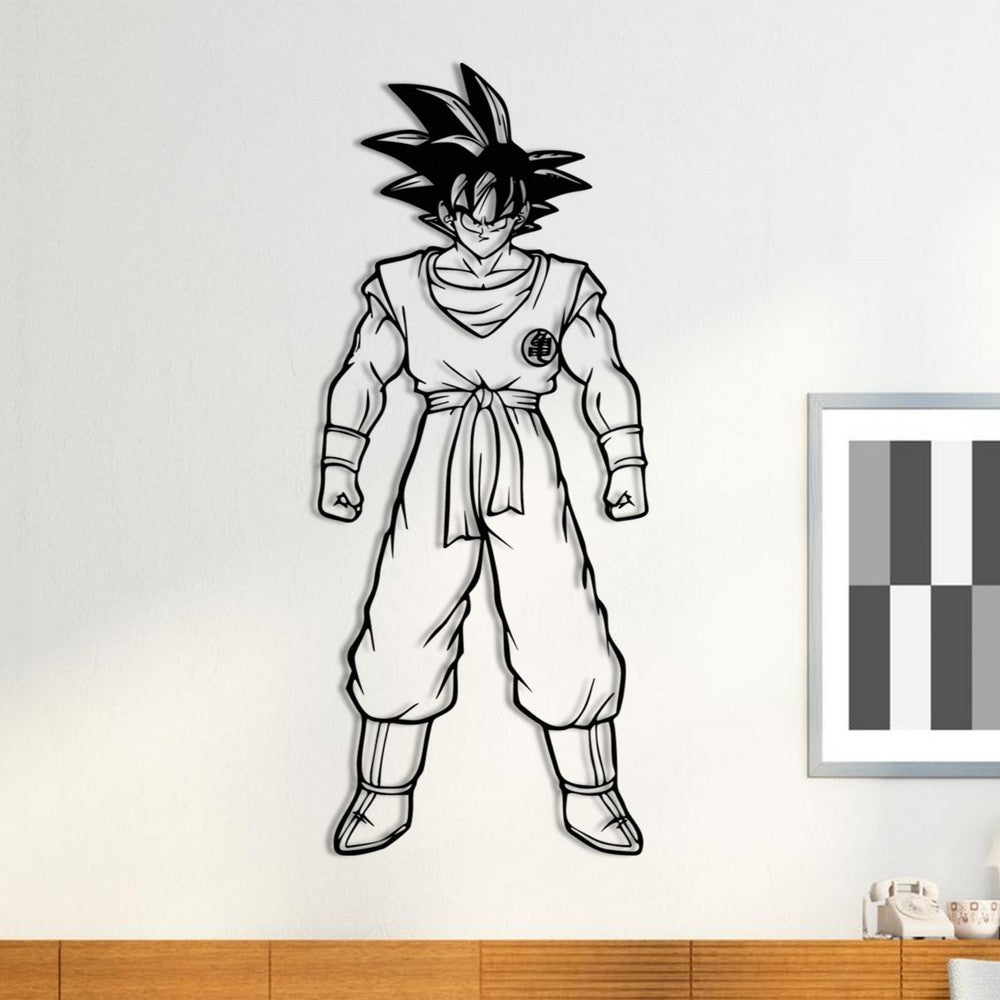 Saiyan of Earth Son Goku metal wall art featuring the iconic character in bold line details, standing in a martial arts pose with spiked hair, mounted on a white wall.

