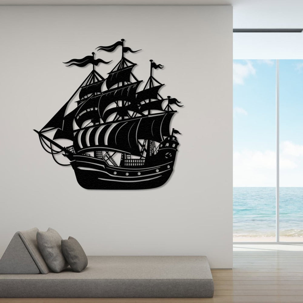 Drawing of a pirate ship with three sails