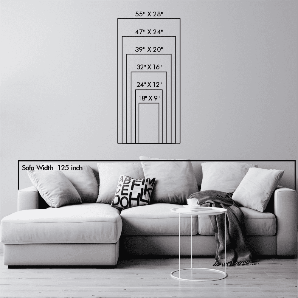 Size chart showcasing six dimensions of the wall art, displayed above a white sectional sofa for scale reference.