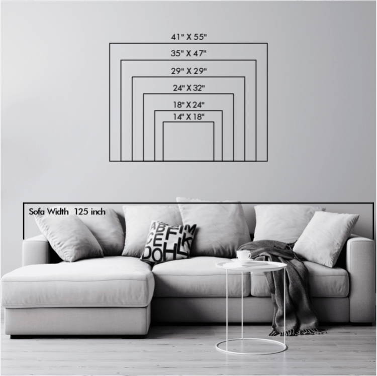 Size chart illustration displaying multiple frame dimensions (14"x18" to 41"x55") above a modern sofa with a 125-inch width, offering a visual reference for wall art placement.