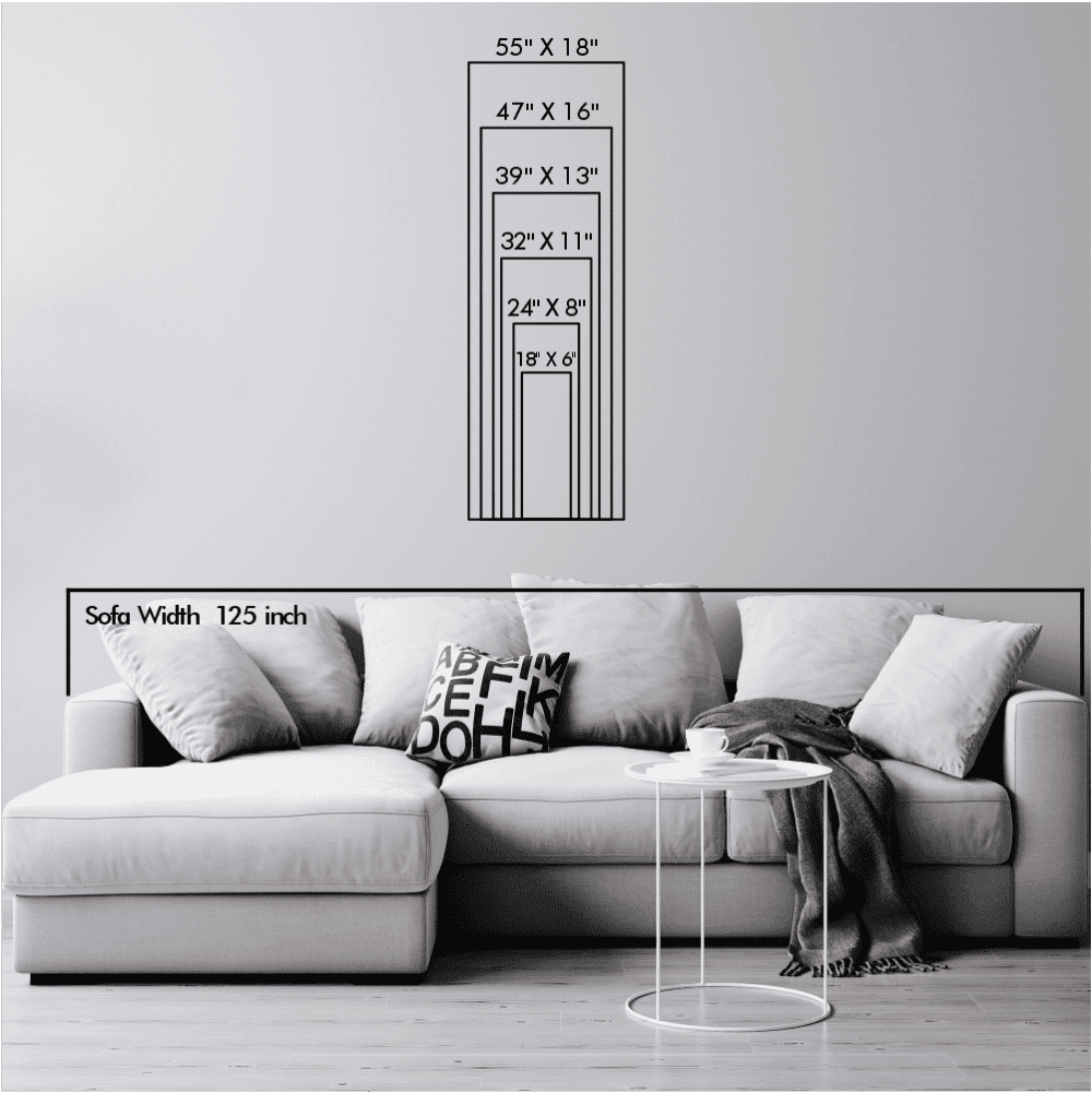 Size chart displaying different dimensions of vertical artwork, with a sofa width of 125 inches for scale. 