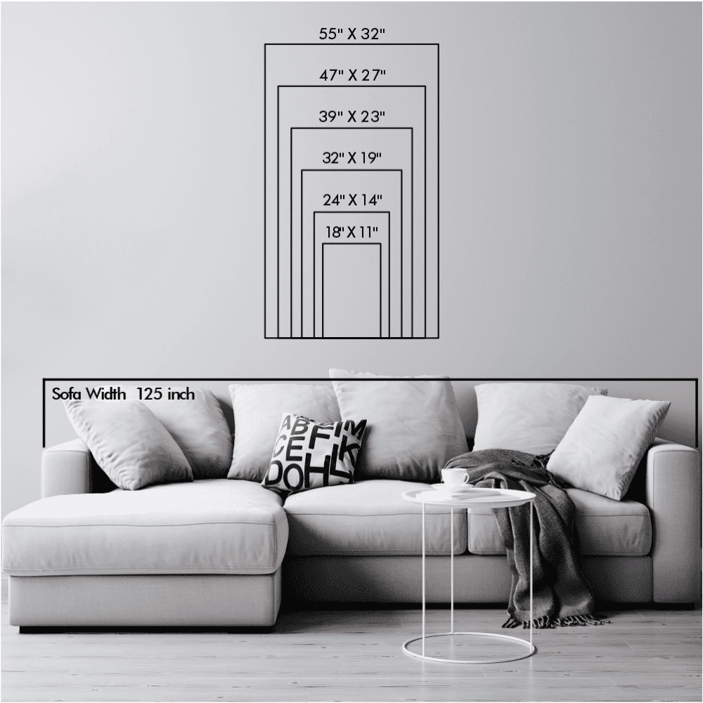 Size chart displaying various dimensions for wall art ranging from 18"x11" to 55"x32", positioned above a sofa for scale with a width of 125 inches.