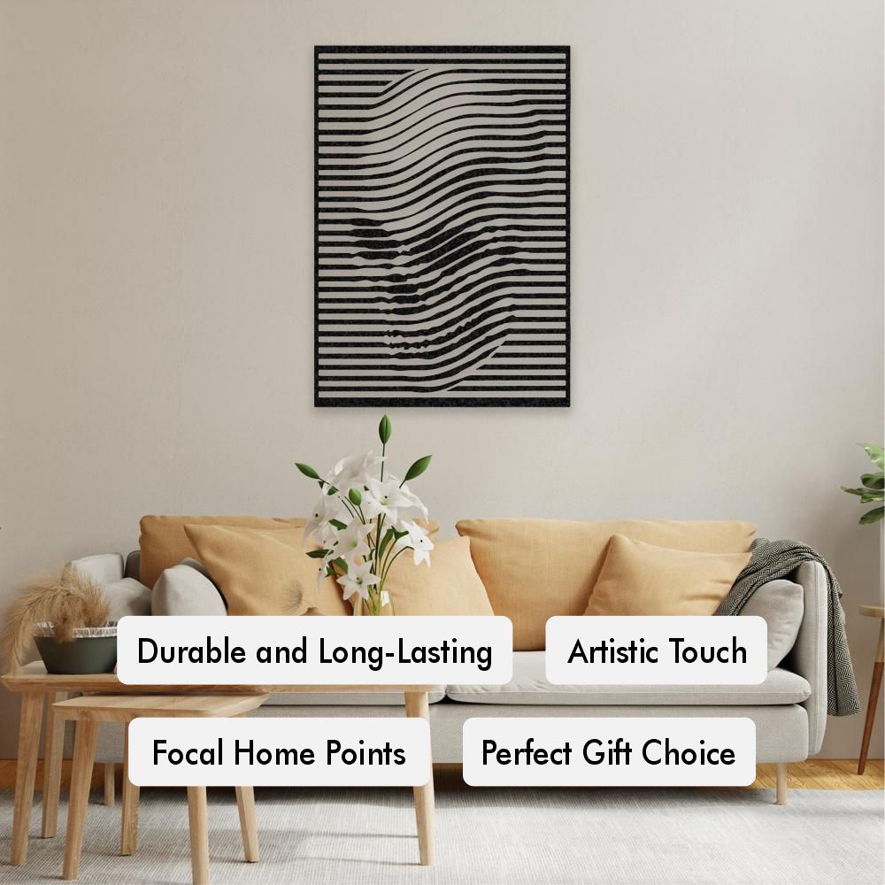 A living room with metal wall art featuring wavy black lines forming an optical illusion of a skull shape above a beige sofa with labels stating Durable and Long-Lasting, Artistic Touch, Focal Home Points, Perfect Gift Choice.