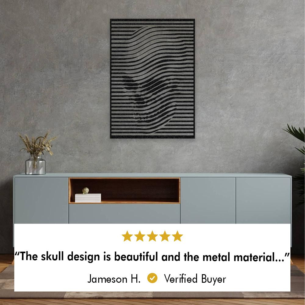 A living room with metal wall art featuring wavy black lines forming an optical illusion of a skull shape above a beige sofa with  five star review “The skull design is beautiful and the metal material…” by Jameson H. Verified Buyer.