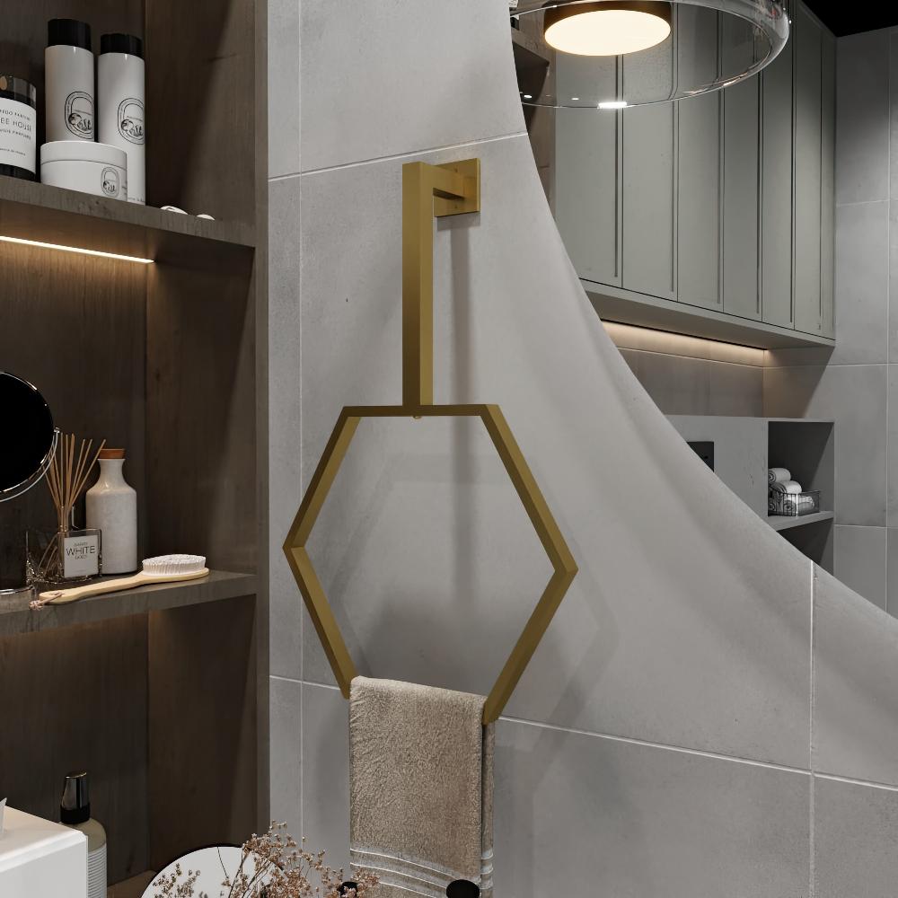 Modern bathroom featuring a minimalist design with a gold ceiling-mounted vertical towel holder. The hexagonal towel holder adds an elegant touch to the decor, blending seamlessly with the neutral tones and sleek shelving unit.