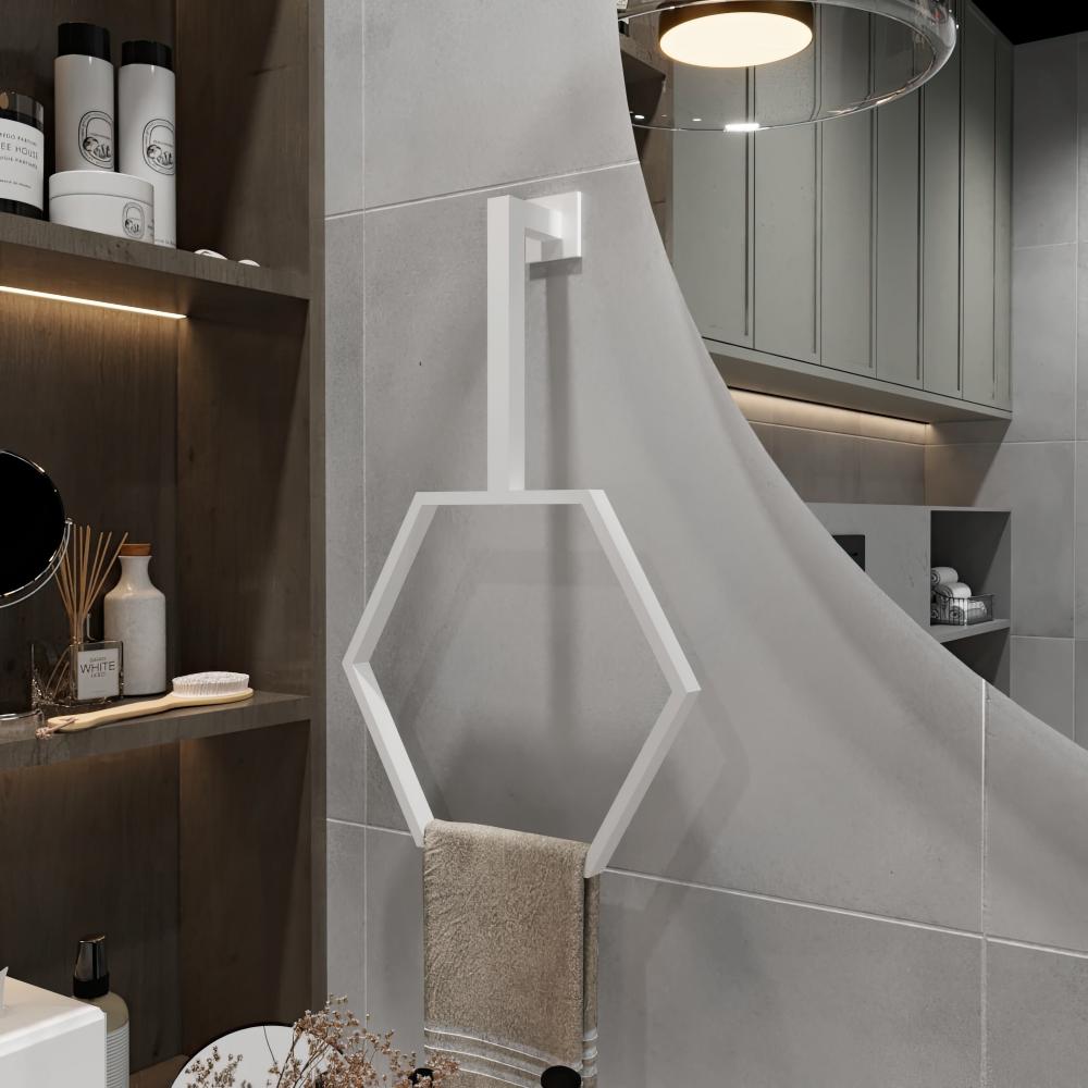 Modern bathroom with a minimalist design featuring a white ceiling-mounted vertical towel holder. The hexagonal towel holder adds a stylish touch to the bathroom decor, complementing the neutral tones and sleek shelving unit