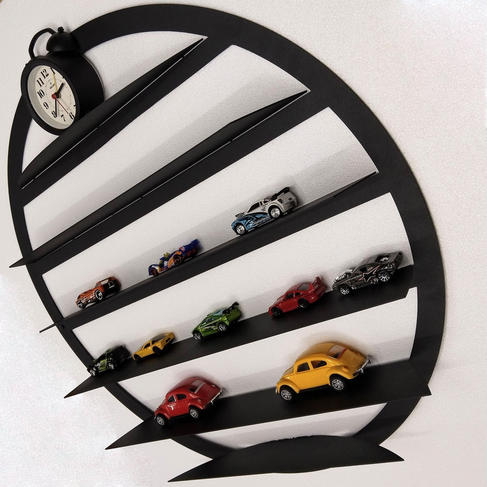 A sleek black metal shelf for wall mounting, designed for model car collections and decorative displays.