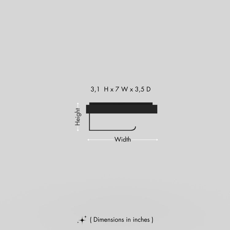 Dimensions of a wall-mounted toilet paper holder with a smartphone shelf, showing 3.1 inches in height, 7 inches in width, and 3.5 inches in depth.