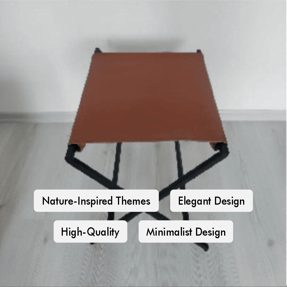 Top-down view of a foldable metal suitcase rack showcasing its smooth brown leather surface, with tags highlighting its elegant and minimalist design features