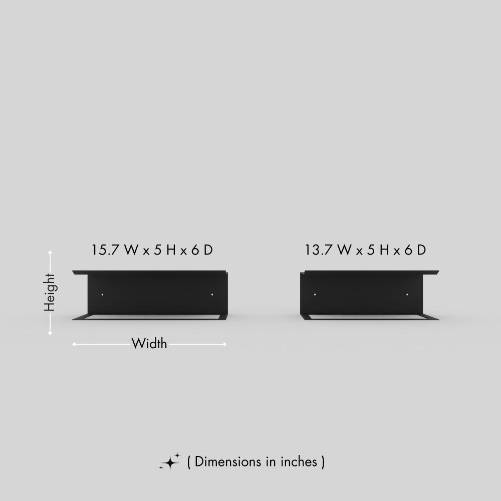 Dimensions of two black wall-mounted towel holders displayed in inches, highlighting width, height, and depth for size reference.