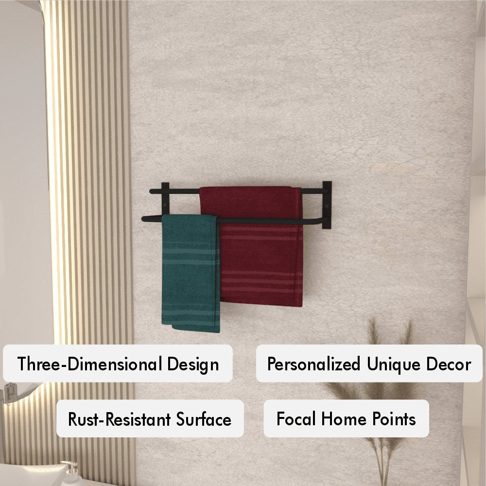 A black towel holder highlighted with text about its design and features in a modern setting