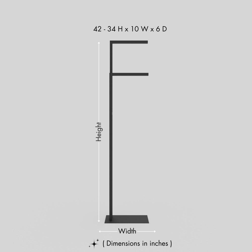 A dimension diagram for a black free-standing towel holder, showing height ranges from 34 to 42 inches, width 10 inches, and depth 6 inches. 