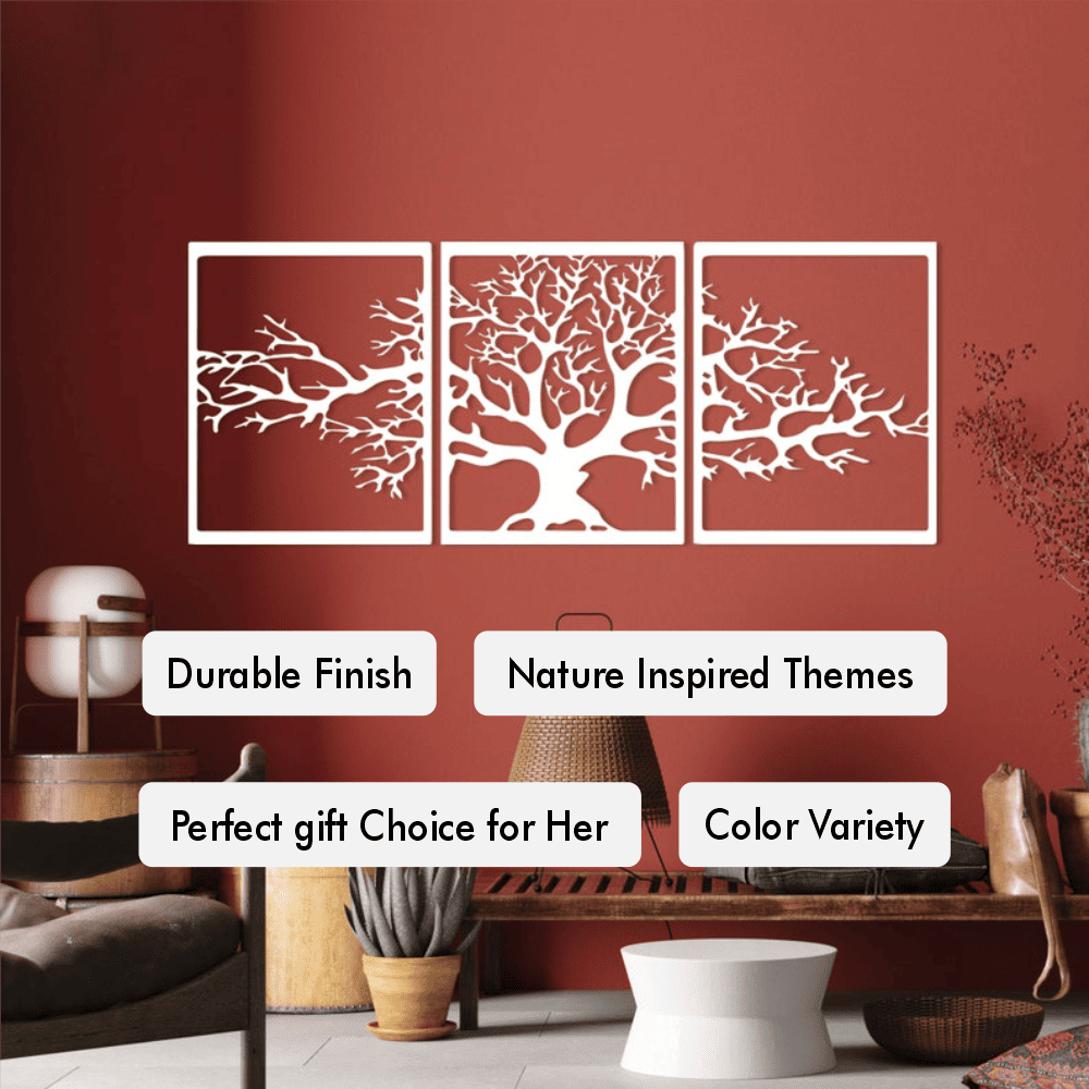 Tree of Life 3-panel wall art with a durable finish, nature-inspired themes, perfect gift choice for her, and available in a variety of colors, displayed in a modern living room setting.