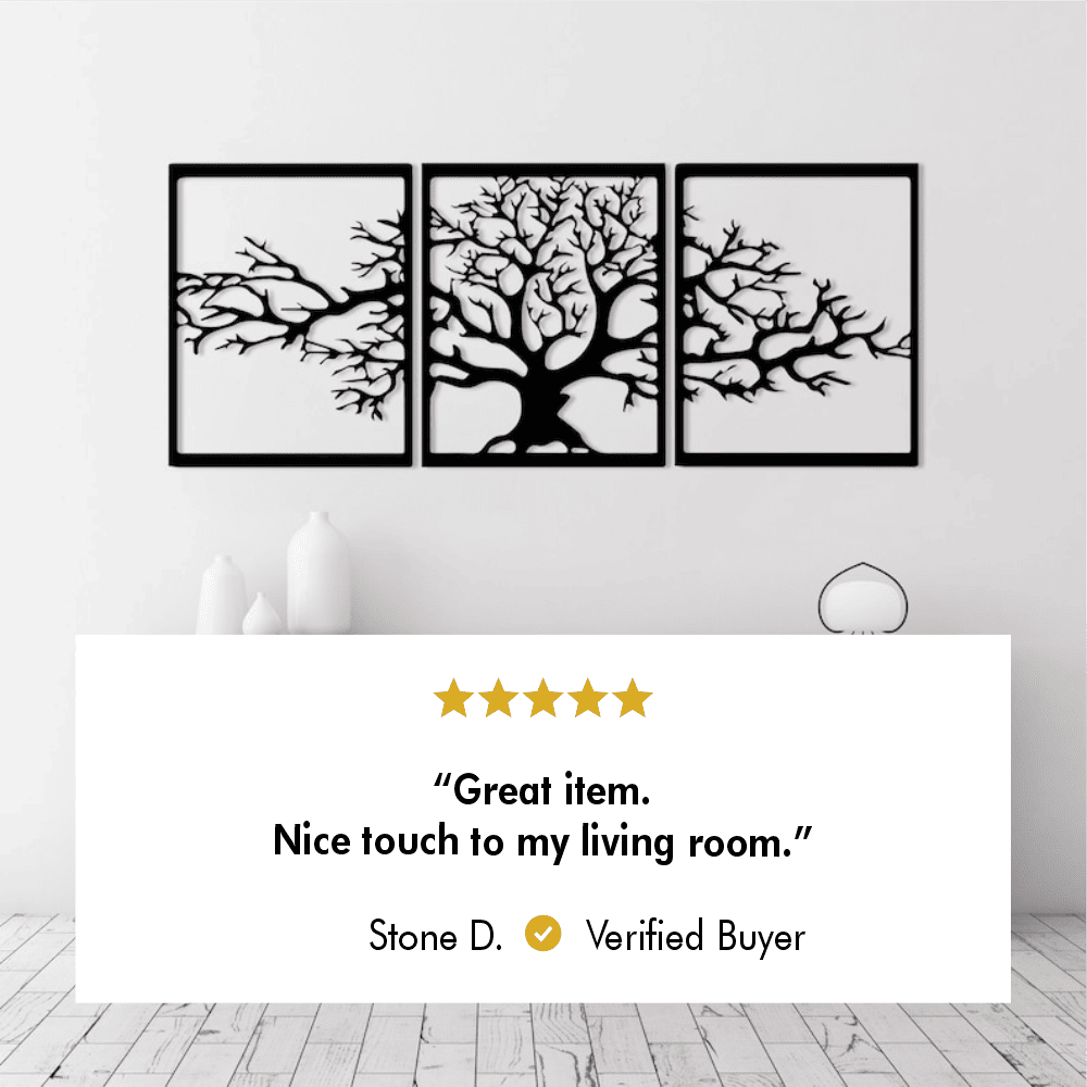Tree of Life 3-panel wall art with a five-star review from verified buyer Stone D. stating 'Great item. Nice touch to my living room,' displayed in a modern minimalist living room.