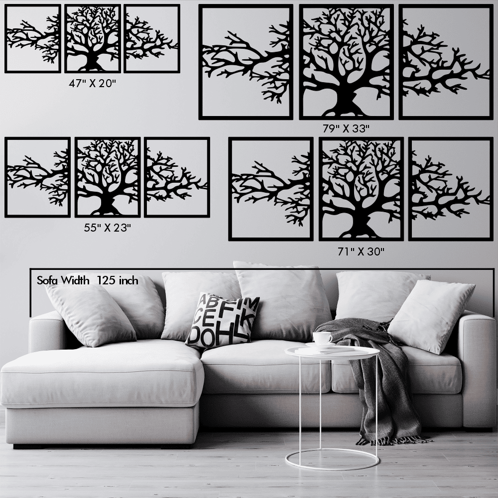 Tree of Life 3-panel wall art displayed in various sizes above a sofa for scale, including dimensions: 47" x 20", 79" x 33", 55" x 23", and 71" x 30"