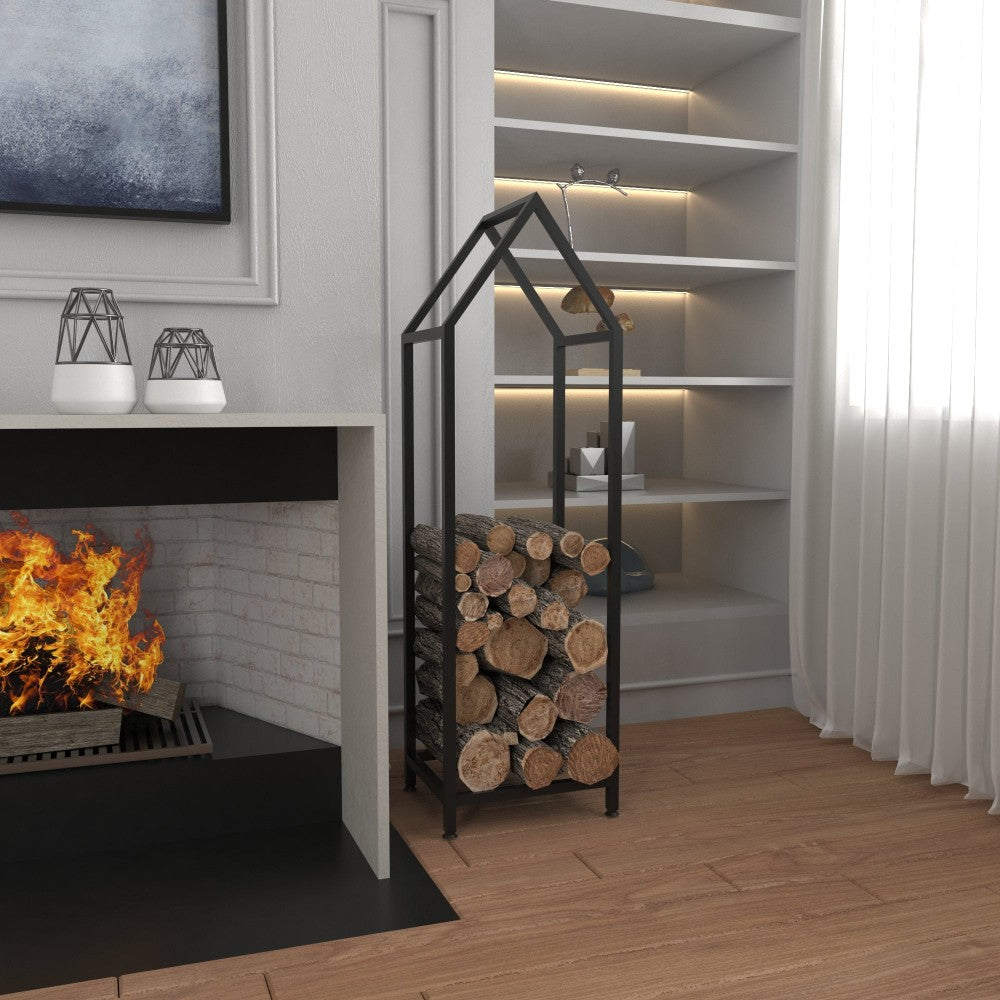 A modern black firewood rack with a house-shaped design placed beside a fireplace, storing neatly stacked logs. Minimalist decor enhances the cozy living space.