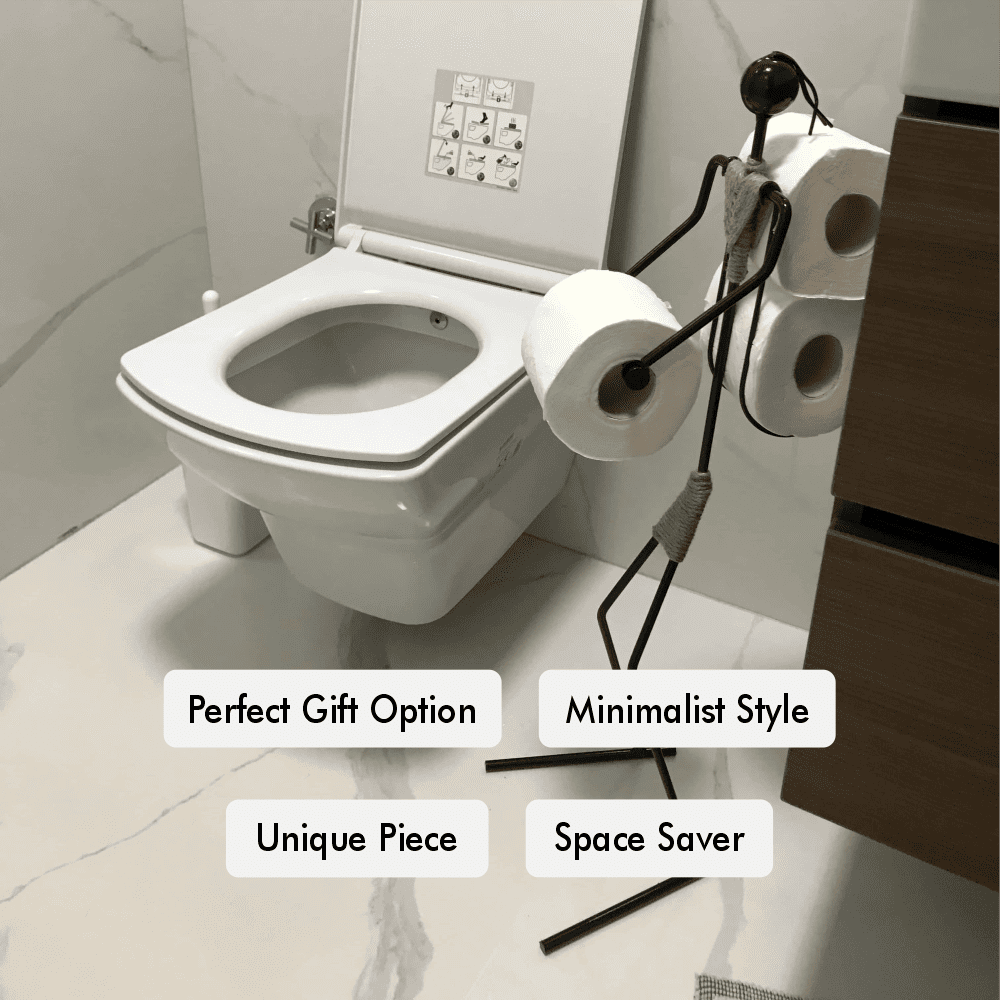 Minimalist toilet paper holder in a modern bathroom, holding three rolls of toilet paper with labels indicating 'Perfect Gift Option,' 'Minimalist Style,' 'Unique Piece,' and 'Space Saver.'