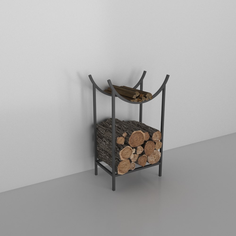 A sleek black metal log holder with a curved top section for kindling and a spacious bottom shelf for firewood, set against a plain gray background.