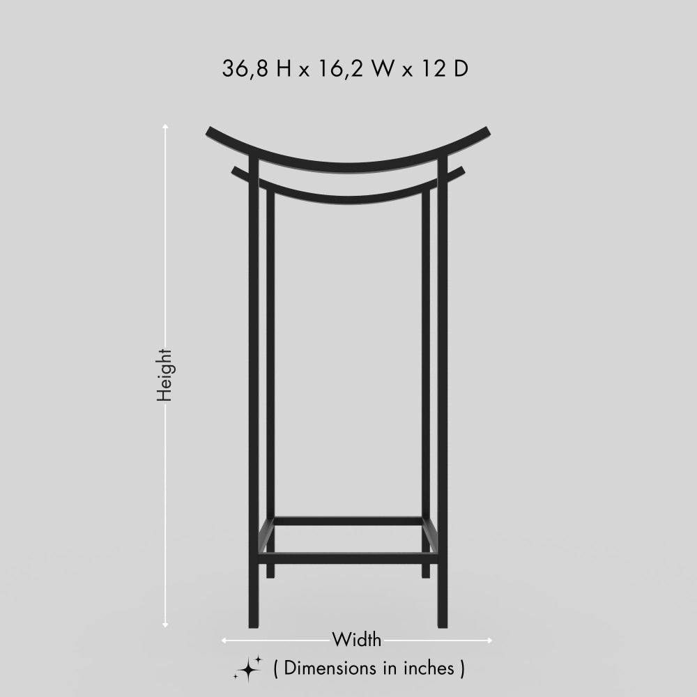 A diagram showcasing the dimensions of a black metal firewood and kindling holder with a unique curved top design. The measurements are labeled as 36.8 inches in height, 16.2 inches in width, and 12 inches in depth.