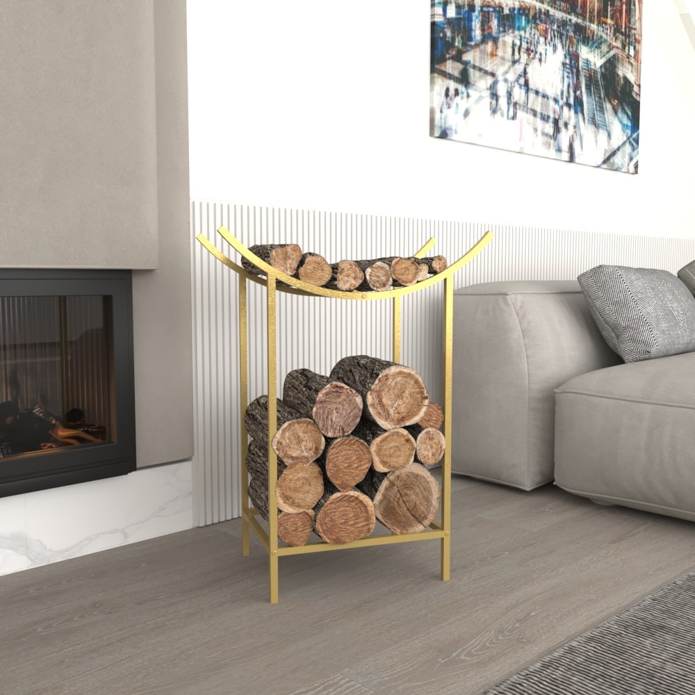 A luxurious gold-colored metal firewood holder with a unique design, showcasing an upper section for kindling and a spacious lower section for logs,