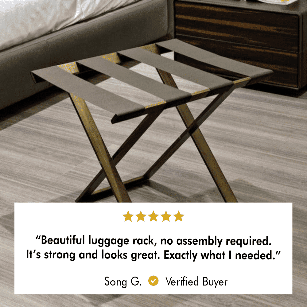 A metal luggage rack with a verified customer review stating, "Beautiful luggage rack, no assembly required. It’s strong and looks great. Exactly what I needed."