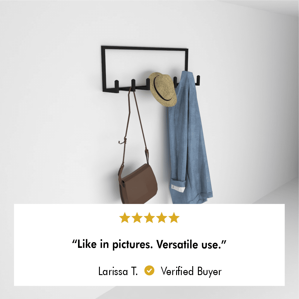 Review image of a black wall-mounted coat rack with a coat, hat, and bag, accompanied by a verified customer comment: "Like in pictures. Versatile use."